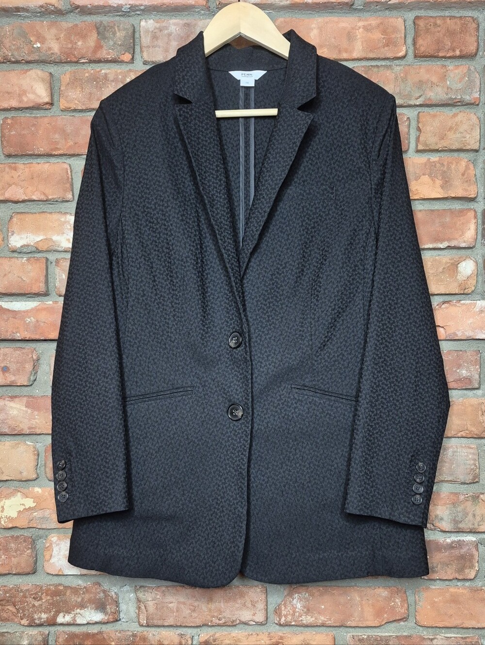 PENN Penningtons Black Textured Longline Blazer Size 14 Stretch Career Jacket
